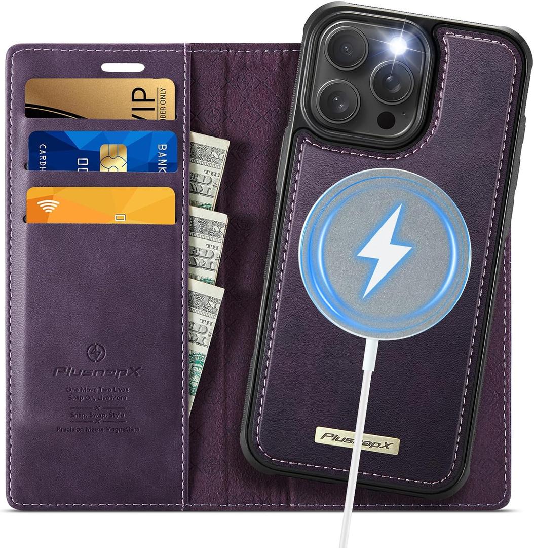 Wallet Case for iPhone 16 Pro Max Compatible with Magsafe, 2-IN-1 PU Leather Flip RFID Blocking Card Holder Stand Shockproof Magnetic Detachable Cover for iPhone 16 Pro Max 6.9", Retro Purple