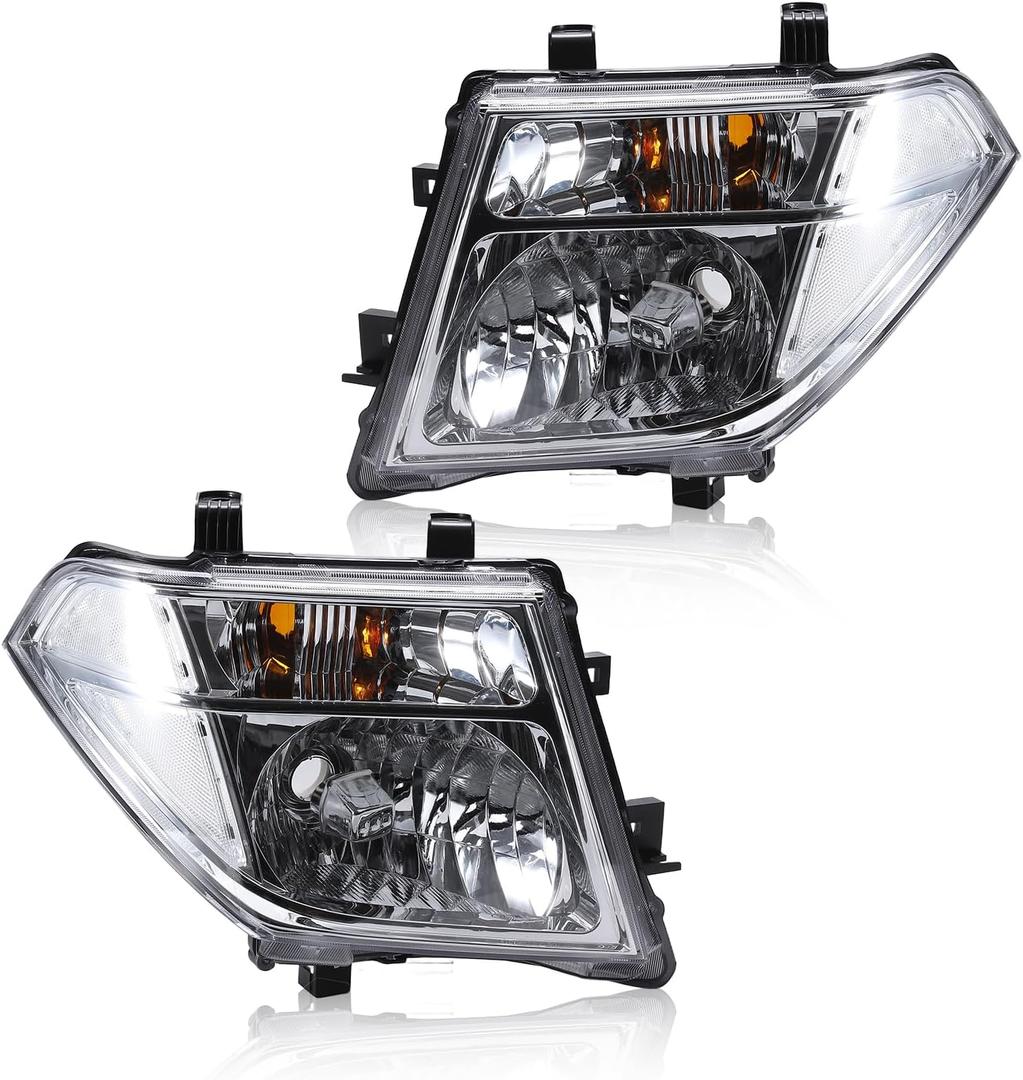 Headlight Assembly Compatible with 2005-2008 Nissan Frontier / 2005-2007 Pathfinder, Halogen Headlamp w/o Bulb Replace# 26060EA525 26010EA525, Chrome Housing Clear Lens White Corner