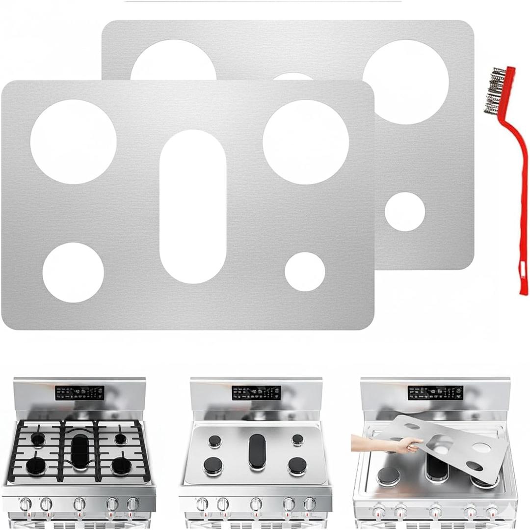 2PCS Stove Top Protector Covers for Gas Range, Gas Stove Burner Liners Compatible with Samsung LG GE Whirlpool Kenmore Gas Range, 0.3MM Thickness, with Cleaning Brushes (23.6x16.3inch)