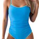 Eomenie Women's One Piece Swimsuit Tummy Control Slimming Bathing Suit Color Block Spaghetti Strap 1 Piece Swim Suit Swimwear (Large, Blue)