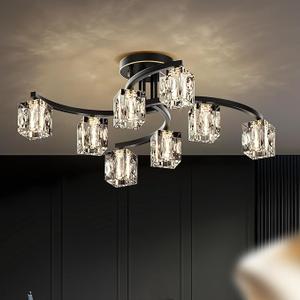 8-Light Semi Flush Mount Ceiling Light, Black and Gold Ceiling Fixture, Farmhouse Dining Room Light Fixture with K9 Crystal Shade, Modern Chandelier for Living Room,Bedroom,Entryway