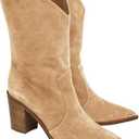 Coutgo Womens Cowboy Mid Calf Boots Chunky Block Heel Pointed Toe Suede Western Cowgirl Boots (8, Khaki)