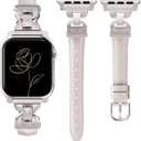 Slim Leather Band Compatible with Apple Watch Bands Women 38/40/41/42mm Dressy Slim Leather Strap with Designer Interlock Buckle Bracelet for iWatch Series 10/9/SE/8/7/6/5/4/3/2/1 Starlight