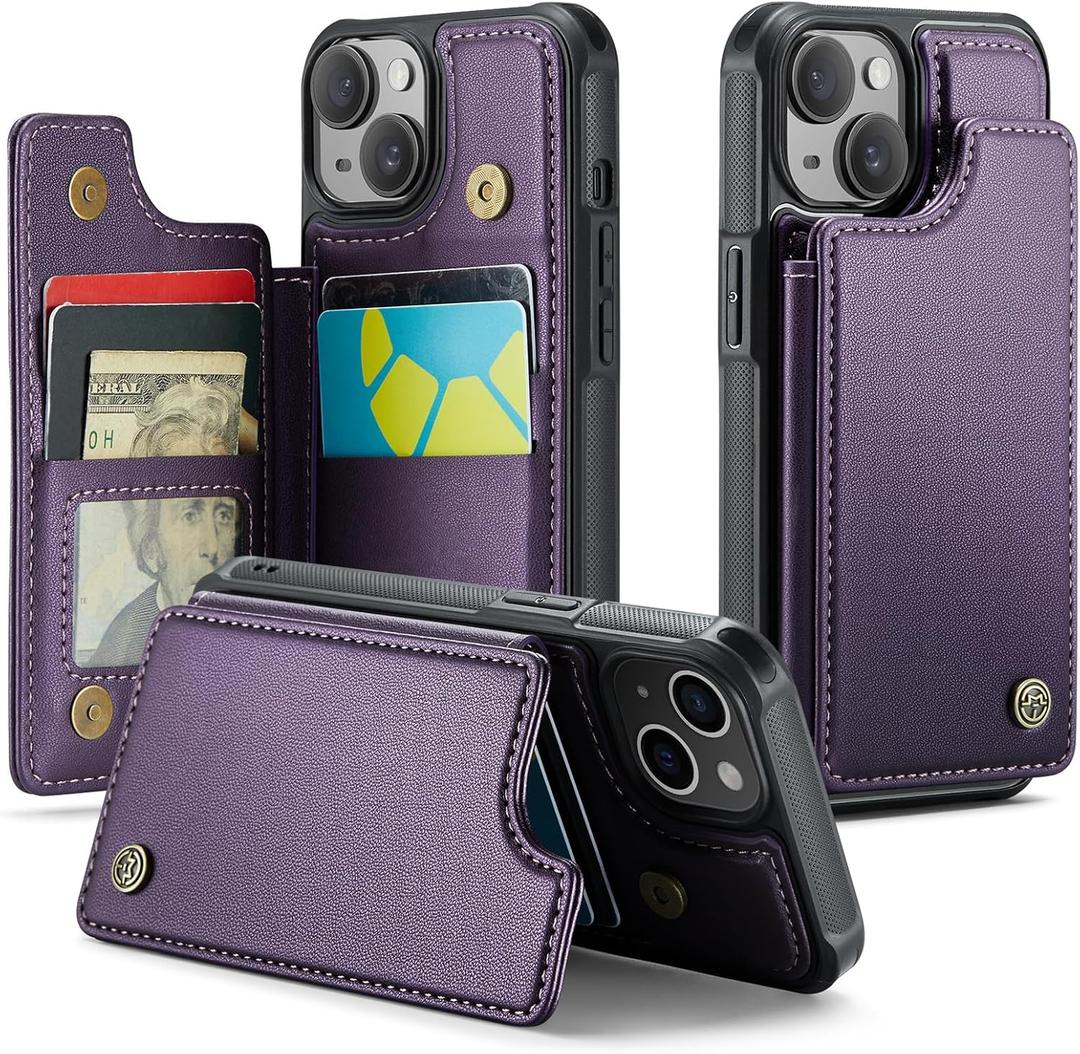 Compatible with iPhone 15 Wallet Case with Card Holder RFID Blocking for Women Men, Double Magnetic Clasp Kickstand Shockproof Phone Case Fit for iPhone 15, Purple
