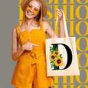 AUSVKAI Canvas Tote Bag Aesthetic for Women, Cute Sunflower Initial Trendy Monogram Personalized Initial Birthday Reusable Cloth Cotton Bags with Handle for Grocery College Shopping Beach