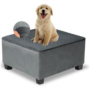 NeColorLife Waterproof Square Ottoman Cover, Thick Stretch Velvet Slipcover for Footstool, Non-Slip Soft Furniture Protector for Pets and Dogs,Dark Gray,Small (S Length&Width:28"-32",Height:14"-20")