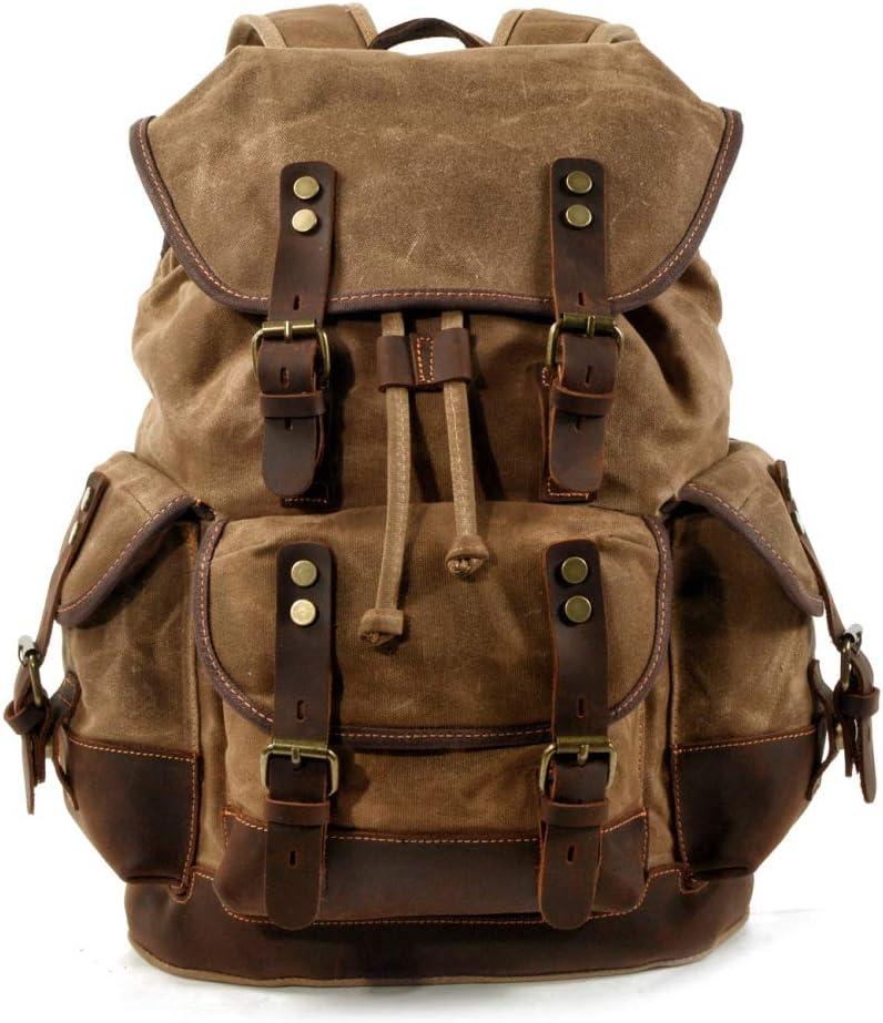 MASII Europe and The United States Outdoor Backpack Casual Student Bag Large Capacity Travel Backpack Canvas Stitching Leather Mountaineering Bag,Khaki