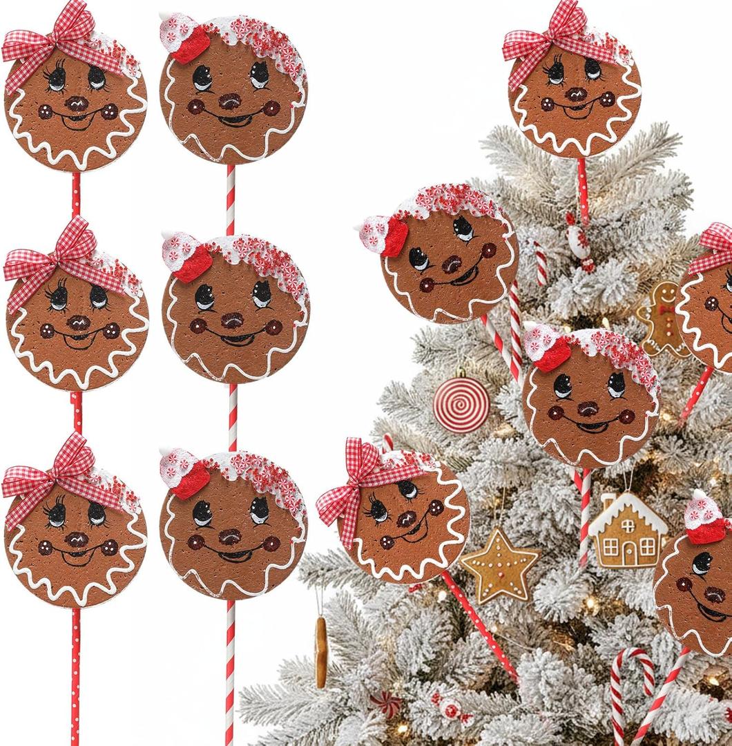 6pcs Gingerbread Man Christmas Trees Picks Ornaments Gingerbread Cookie Christmas Sticks Xmas Tree Decorations for Xmas Tree Top Winter Home Office Party Vase Decor