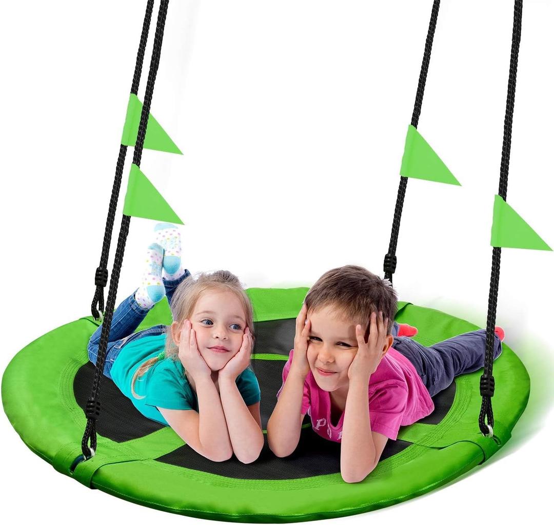 PACEARTH 40 Inch Saucer Tree Swing Flying 900lb Weight Capacity 2 Added Hanging Straps Adjustable Multi-Strand Ropes Colorful Safe and Durable Swing Seat for Children-Green