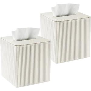 2 Pack Premium PU Leather Tissue Box Cover Set, Magnetic Closure Square Tissue Holder Bulk for Home & Office - Modern Desk & Bathroom Decor, Milky Yellow