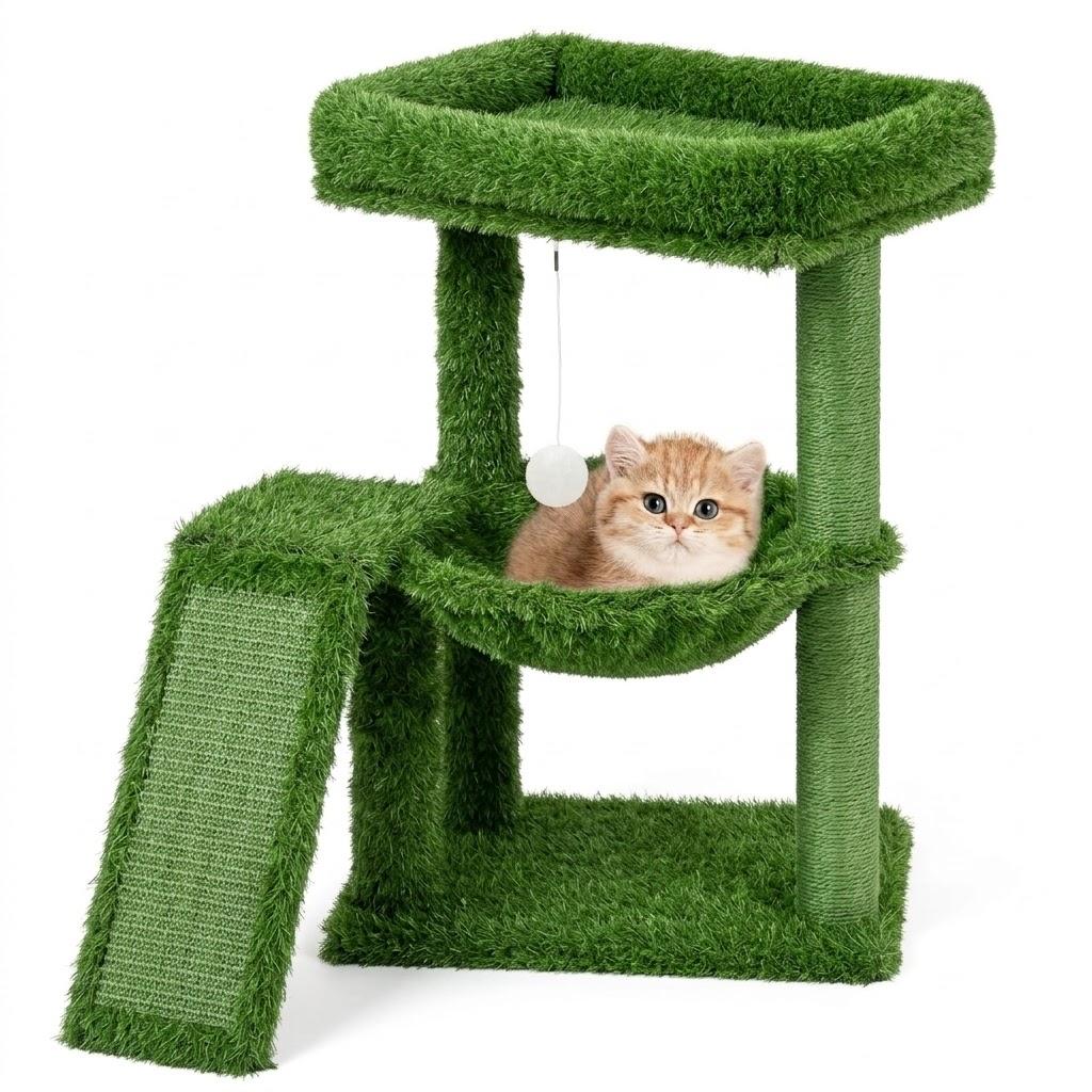 YOUPET Cat Tree with Cat Scratching Post for Indoor Cats, Cat Tower with Scratching Board and Playful Toy Balls, Cat Tree Tower with Cozy Hammock, Green