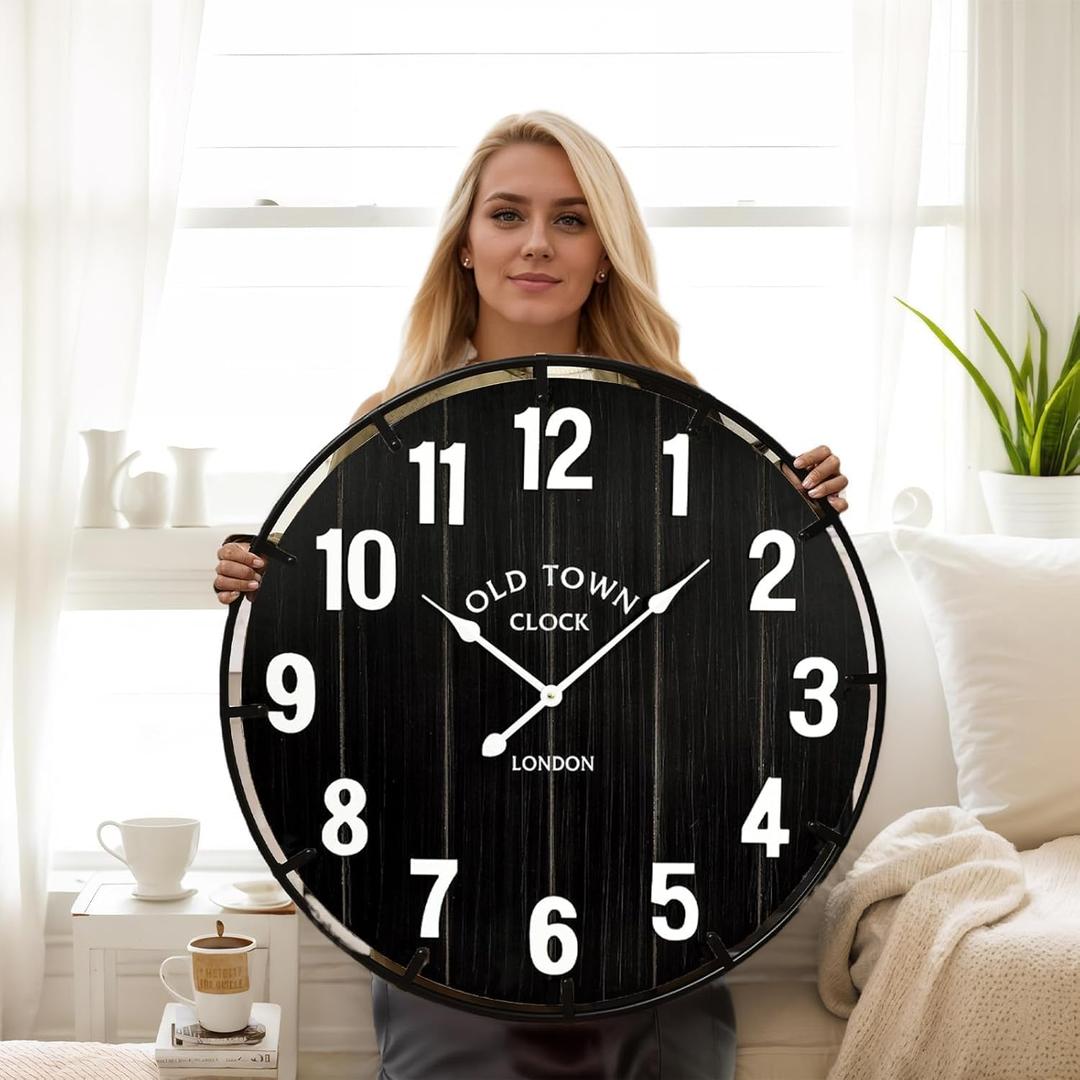EMAX HOME Large Old Town Farmhouse Black Wall Clock 30 Inch Rustic Antique Wood with Metal Circle and Large Numerals Silent Battery Operated Wall Clock for Office Kitchen Bedroom Living Room