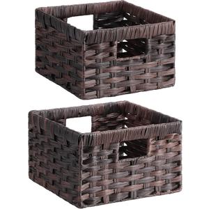 Lifewit Handwoven PP Wicker Storage Basket, Waterproof Imitation Rattan Basket with Built-in Handles, Rectangle Baskets for Organizing Shelves, Pantry, Black Walnut, 2-Pack (Large+Medium)