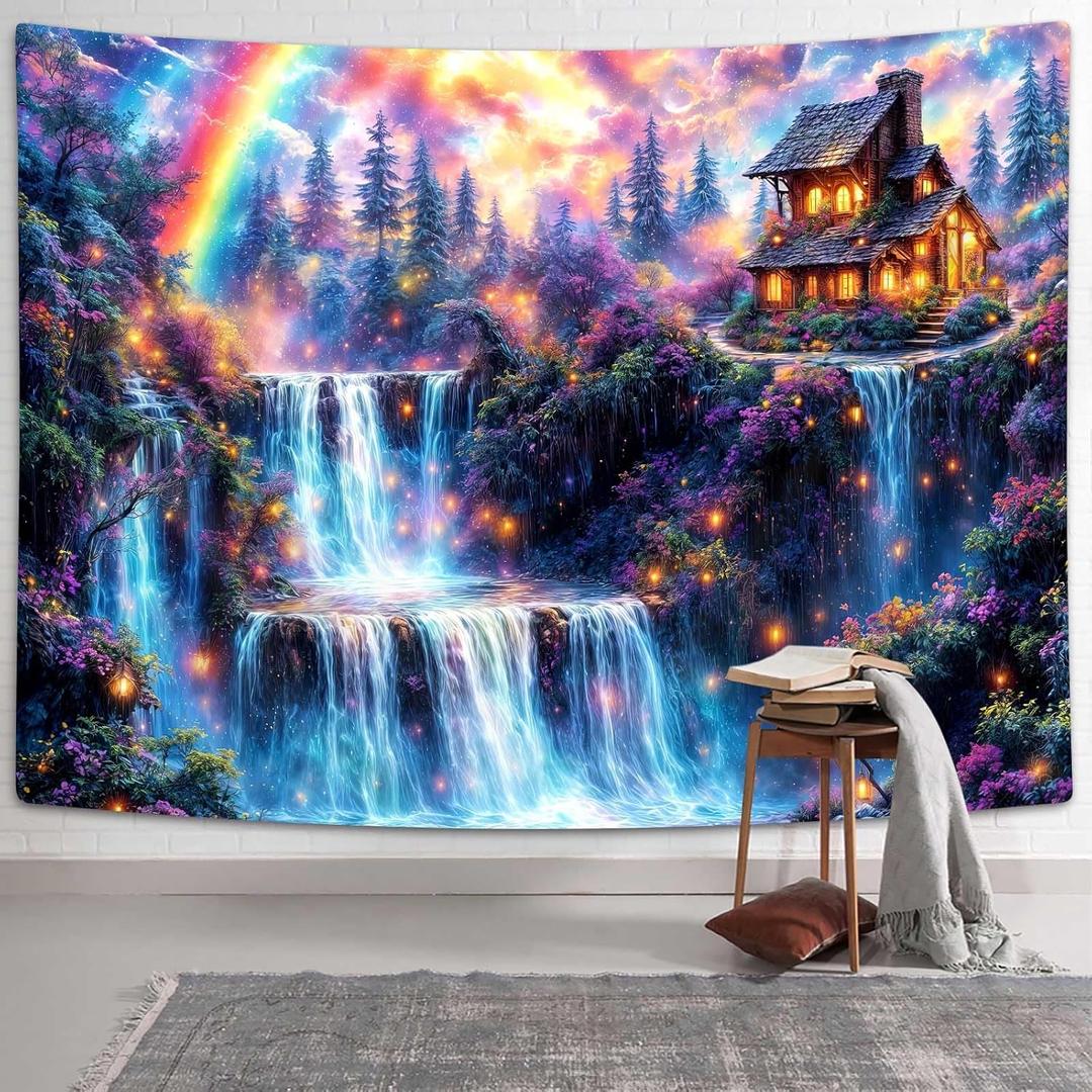 Xguatan Fantasy Forest Tapestry Waterfall Rainbow Tapestries Nature Tree Landscape Aesthetic Moon Cloud Wall Hanging for Living Room Bedroom Decor 60X40 Inches (Blue01)