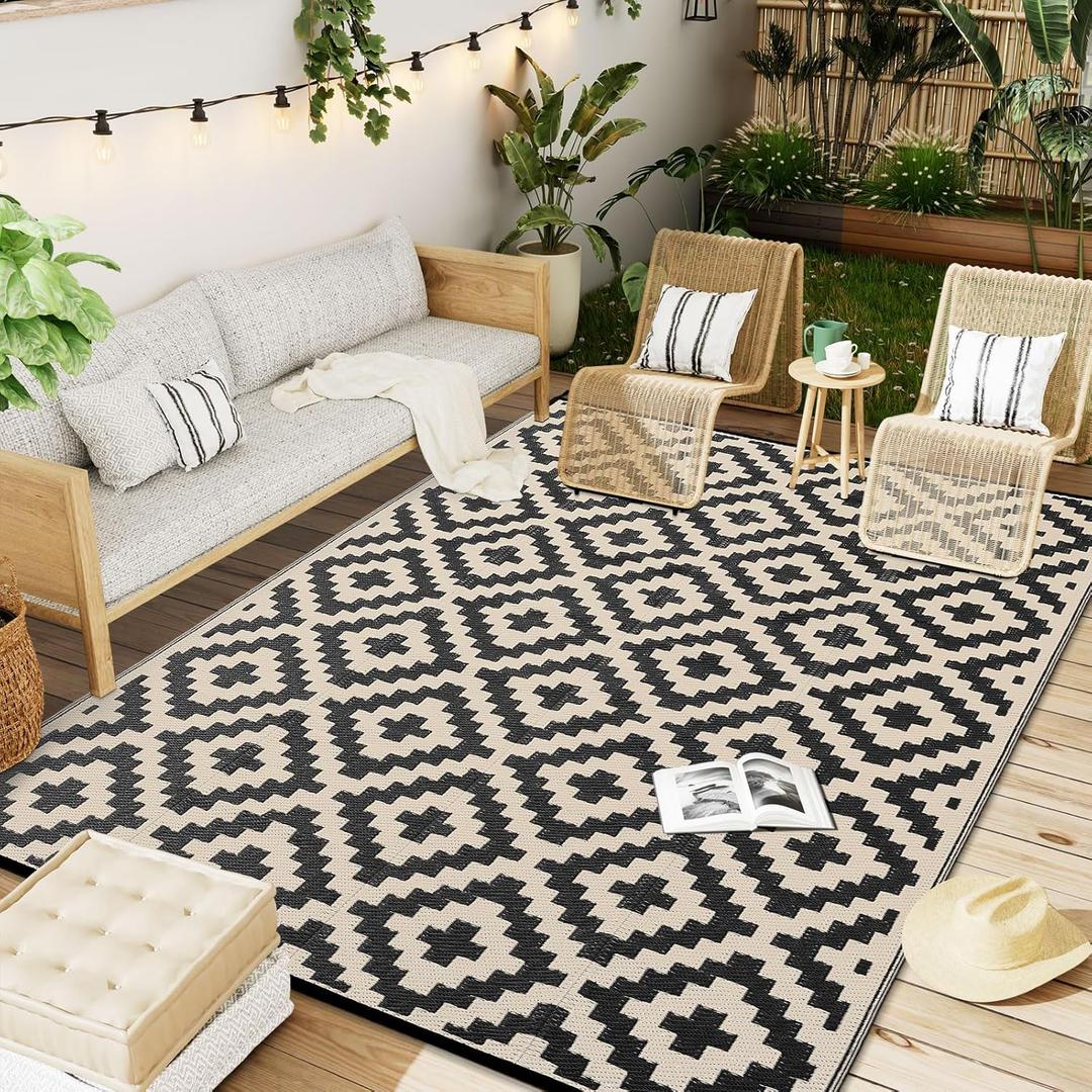 OLANLY Waterproof Outdoor Rug 6x9 ft, Outdoor Plastic Straw Rug for Camping, RV Mat Outside, Outdoor Carpet for Porch, Deck, Backyard, Balcony, Picnic, Black & Beige