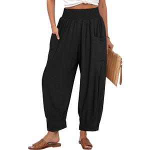TARSE Women Linen Boho Pants Summer Casual Loose High Waist Cargo Lounge Harem Pant 2025 Beach Travel Vacation Outfits (Large, Black)