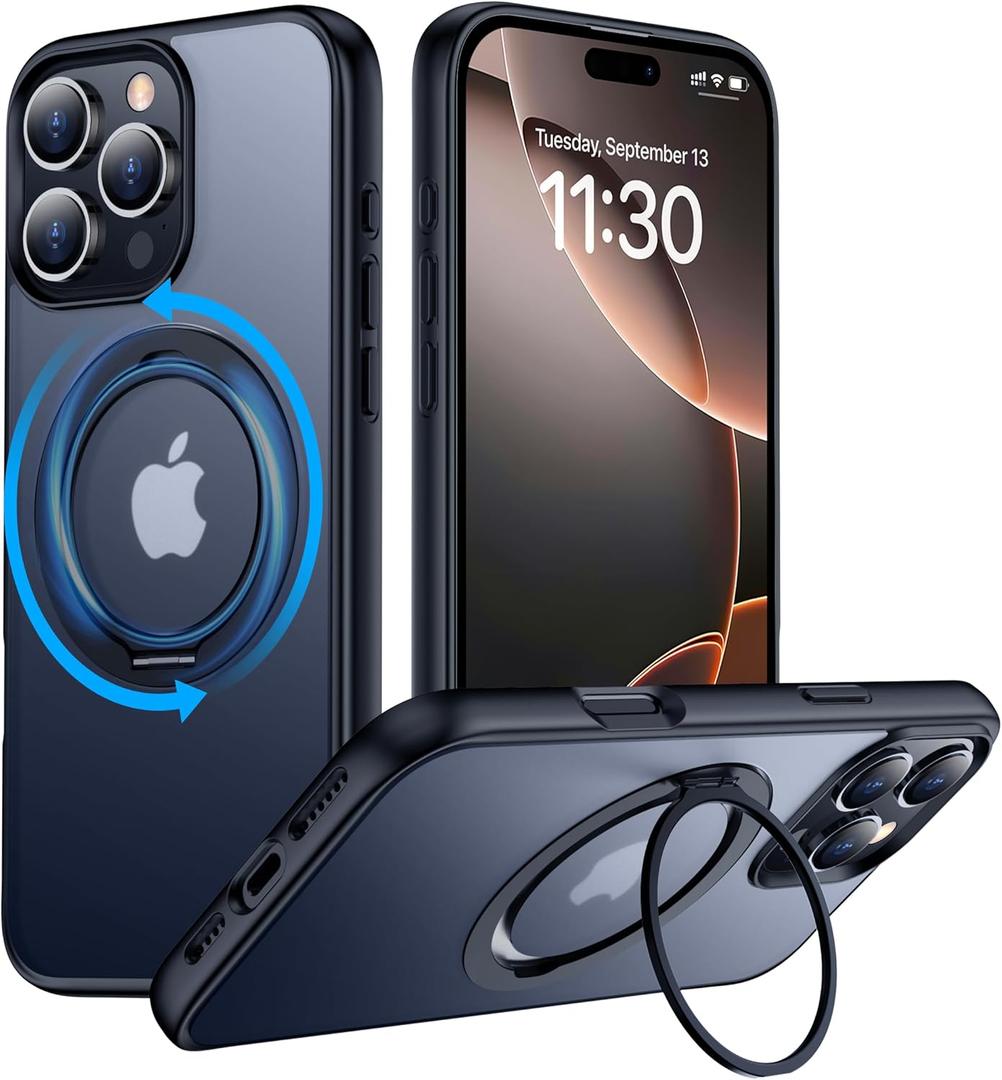 Temdan for iPhone 16 Pro Max Case, 360Rotatable Ring Stand Case Matte Skin Feeling Compatible with MagSafe Military-Grade Protection Magnetic Kickstand 6.9 inch -Matte Black