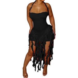 Women's Sexy Halter Neck Tassels Ruffle Backless Bodycon Mini Dress Sleeveless Backless Hem Party Short Dresses (Large, Black)