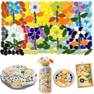 LOTOFUN Mosaic Tiles for Stepping Stones: 610g Vibrant Mosaic Tiles for Crafts Bulk with Petals Centers Leaves Stem Decorative Ceramic Flowers Mosaic Supplies for DIY Garden Decor- Crafts for Adults