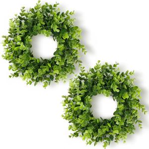 DDHS 11 Inch Artificial Boxwood Small Wreath for Front Doors, 2 Packs Green Leaves Wreath, Spring Summer Mini Wreaths for Indoor Outdoor Hanging Wall Window Wedding Home Decor Party Farmhouse