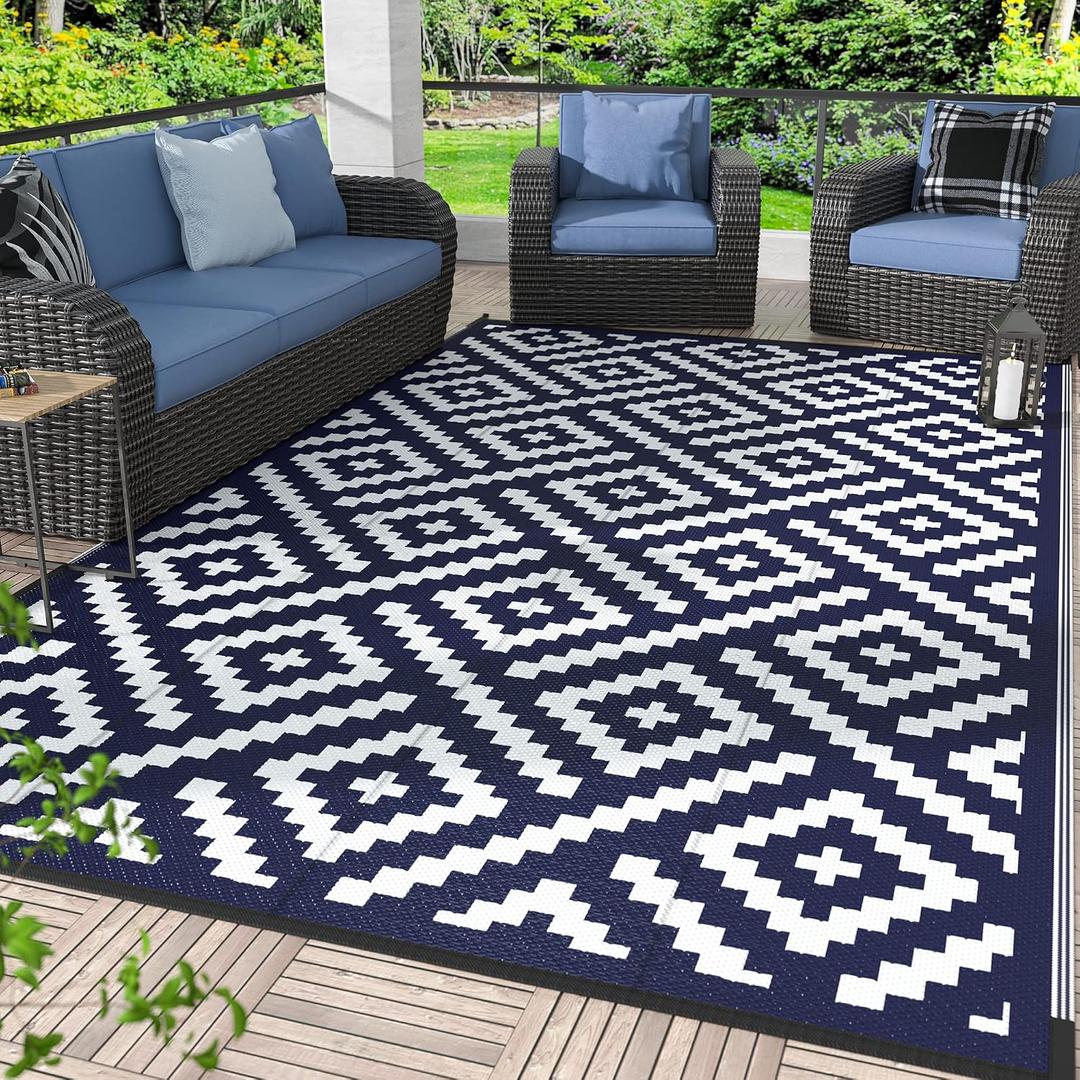 GENIMO Outdoor Rug for Patio Clearance,9'x12' Waterproof Large Mat,Reversible Plastic Camping Rugs,Rv,Porch,Deck,Camper,Balcony,Backyard (Navy Blue & White)