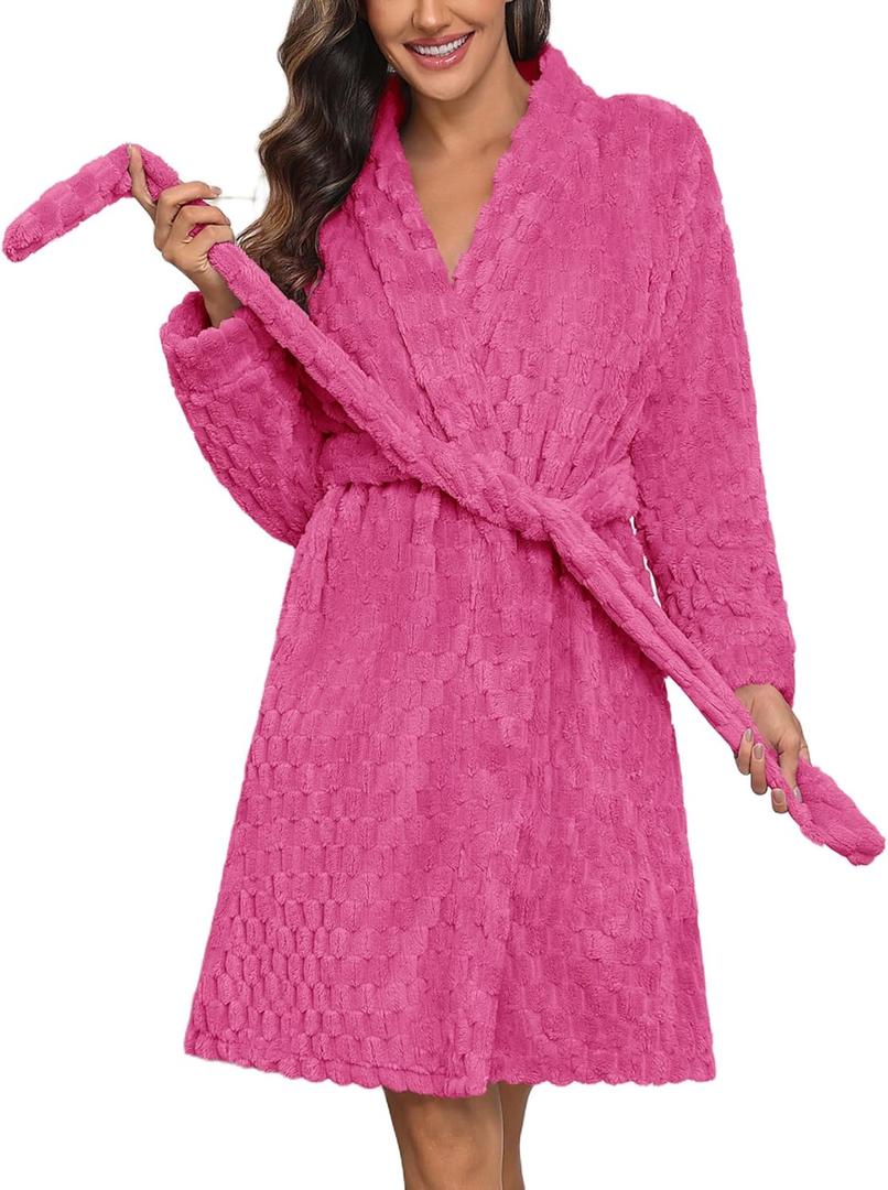 Ekouaer Women's Plush Robe Soft Knee Longth Fleece Bathrobe Short Fleece Pink House Comfy Bathrobes Rose Pink XXL