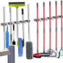 voze [2 Pack] 5 Racks and 4 Hooks Mop and Broom Holder Wall Mount, Self Adhesive Heavy Duty Broom Organizer Storage Tool Racks for Kitchen Garden Laundry Garage, Silver (5 Racks 4 Hooks 2 Packs)