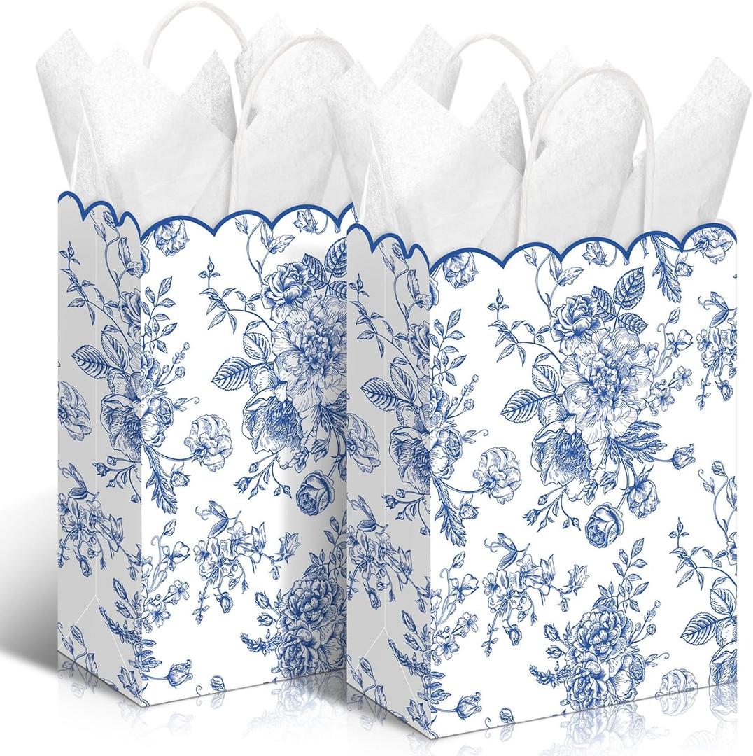 Kolldenn 24 Pcs Blue Floral Gift Bags with Handles Wildflower Party Favor Candy Treat Goodie Bags Scalloped for Birthday Decoration for Bridal Baby Shower Party Supplies (6.3x3.2x8.3 In)