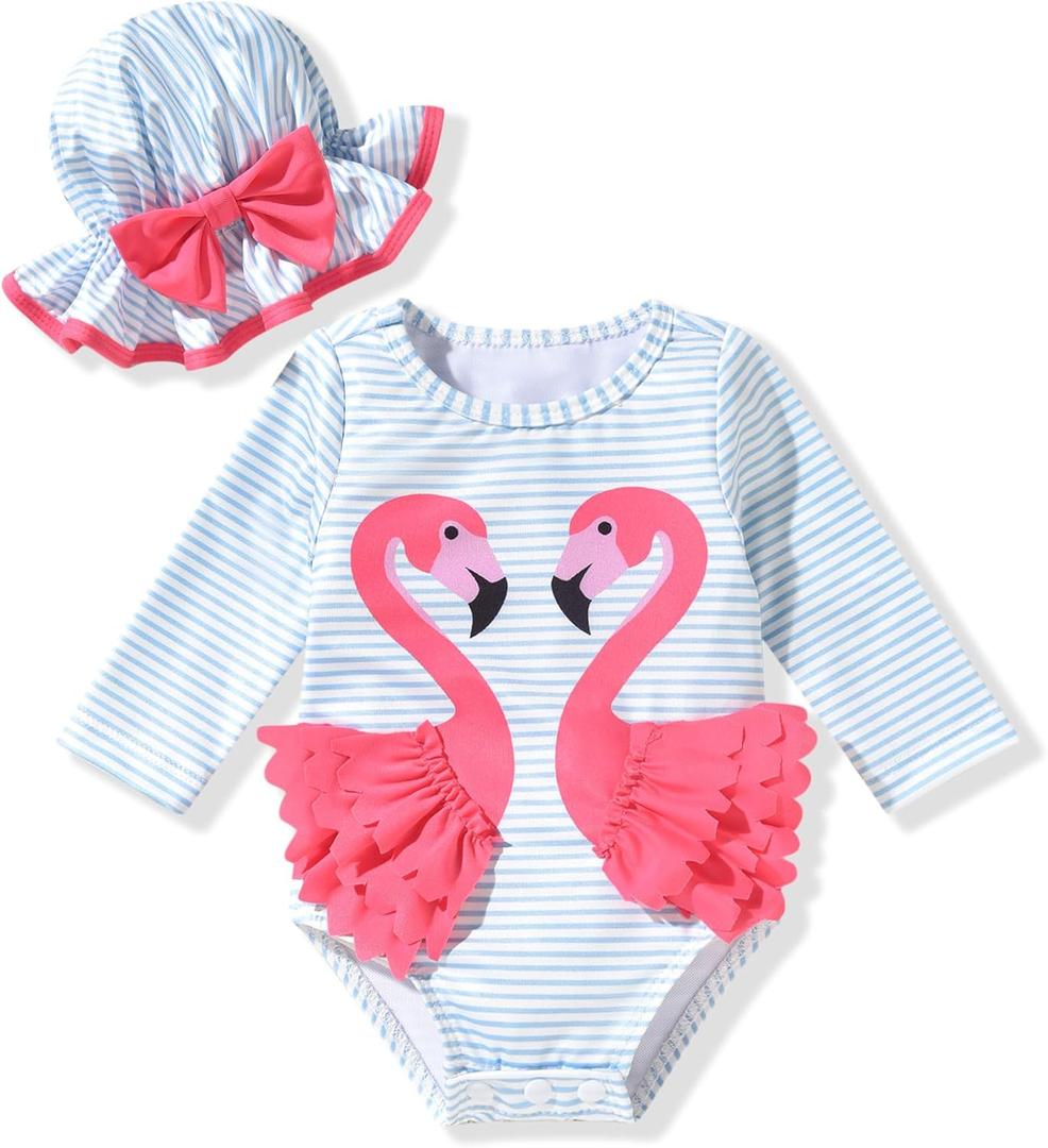 Newborn Infant Baby Girls Long Sleeve Swimsuit with Hat (3-6 Months, Flamingo)