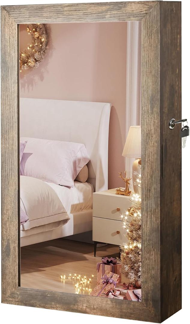 SONGMICS Lockable Jewelry Cabinet Armoire with Mirror, Wall-Mounted Space Saving Jewelry Storage Organizer, Christmas Gift, Rustic Brown UJJC051K01