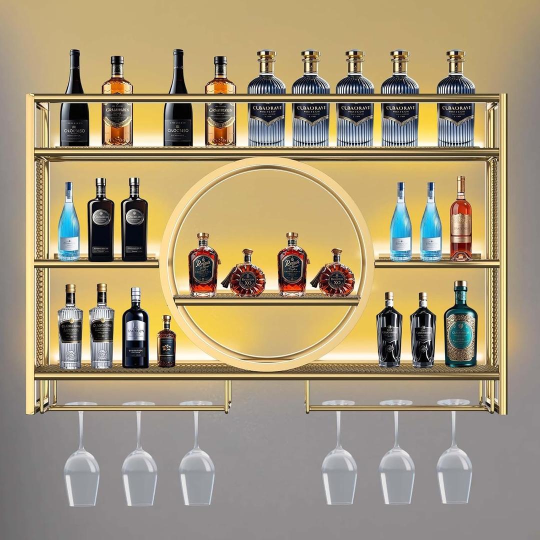 Metal Wine Rack Wall Mounted with LED Light, 3-Tier Bar Liquor Shelf with Wine Glass Holder, Modern Large Capacity Liquor Bottle Display Storage Shelf for Home Bar, Dining Room(Gold, 100*80*15)