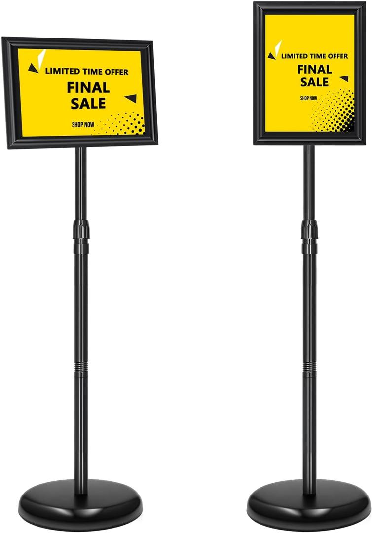 2 Pack Sign Holder Stand 8.5x11 Inch, Adjustable Sign Stand, Floor Standing Sign Holder, Snap-Open Frame Display, 360 Rotation Outdoor Indoor Poster or chalk board Display for advertising,Malls,Black