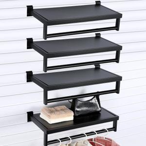 RattanView 4 Pcs Black Slatwall Shelf Clothes Rack with Top Shelf with Metal Rectangular Tubing U Shaped Handrail Hanger Slatwall Shelving Organizer Accessories for Home Room Garage Retail Display