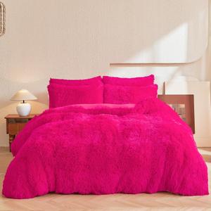 Fluffy Plush Duvet Cover Set, Luxury Ultra Soft Faux Fur Hot Pink Comforter Cover 3 Pieces (1 Fuzzy Cover + 2 Shaggy Pillowcases), Zipper Closure (Queen, Hot Pink)