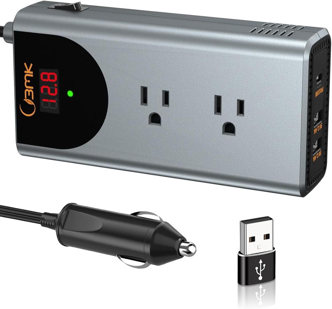 BMK 350W Car Power Inverter, DC 12V to 110V AC Car Inverter with PD 18W USB-C and Dual USB Ports, Power Inverter for Vehicles Converter with Switch and Current LCD Screen