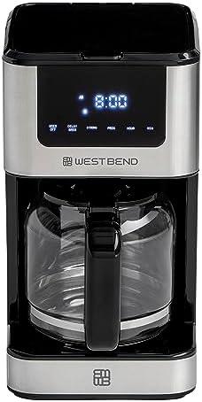 West Bend Drip Coffee Maker Brews Hot or Iced, Programmable with Brew Strength Selector Auto Shut-Off and 6 Functions Permanent Mesh Filter and Glass Carafe, 12-Cup, Metallic