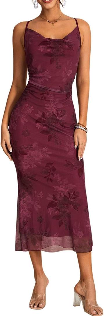 Milumia Women's Floral Cowl Neck Bodycon Maxi Dress Mesh Long Dresses Cocktail Party Fall 2025 (Claret,  X-Small)