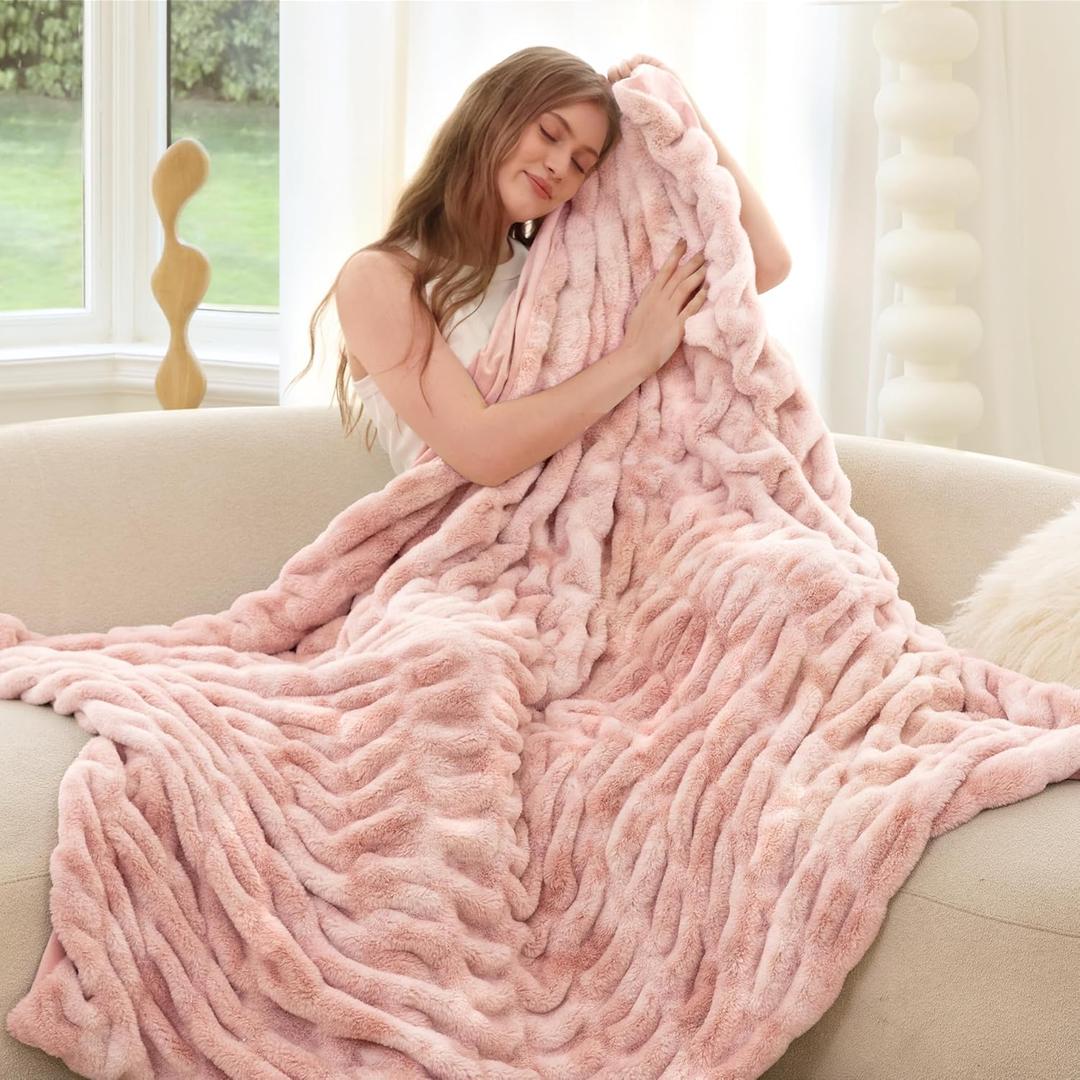 Ultra Soft Faux Rabbit Fur Throw Blanket, Cozy Fuzzy Blanket for Couch Bed, Plush Warm Decor Gifts, Luxury Thick Fluffy Blanket for Women,50x60 inches, Tie-Dyed in Pink
