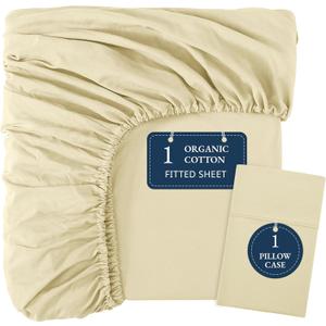 LANE LINEN Twin Fitted Sheets, 100% Organic Cotton 2-Piece Set (1 Fitted Sheet, 1 Pillowcase), Percale Weave, Bottom Sheet, Soft, Breathable, Fits Mattress Upto 15' Deep - Vanilla (No Flat Sheet)