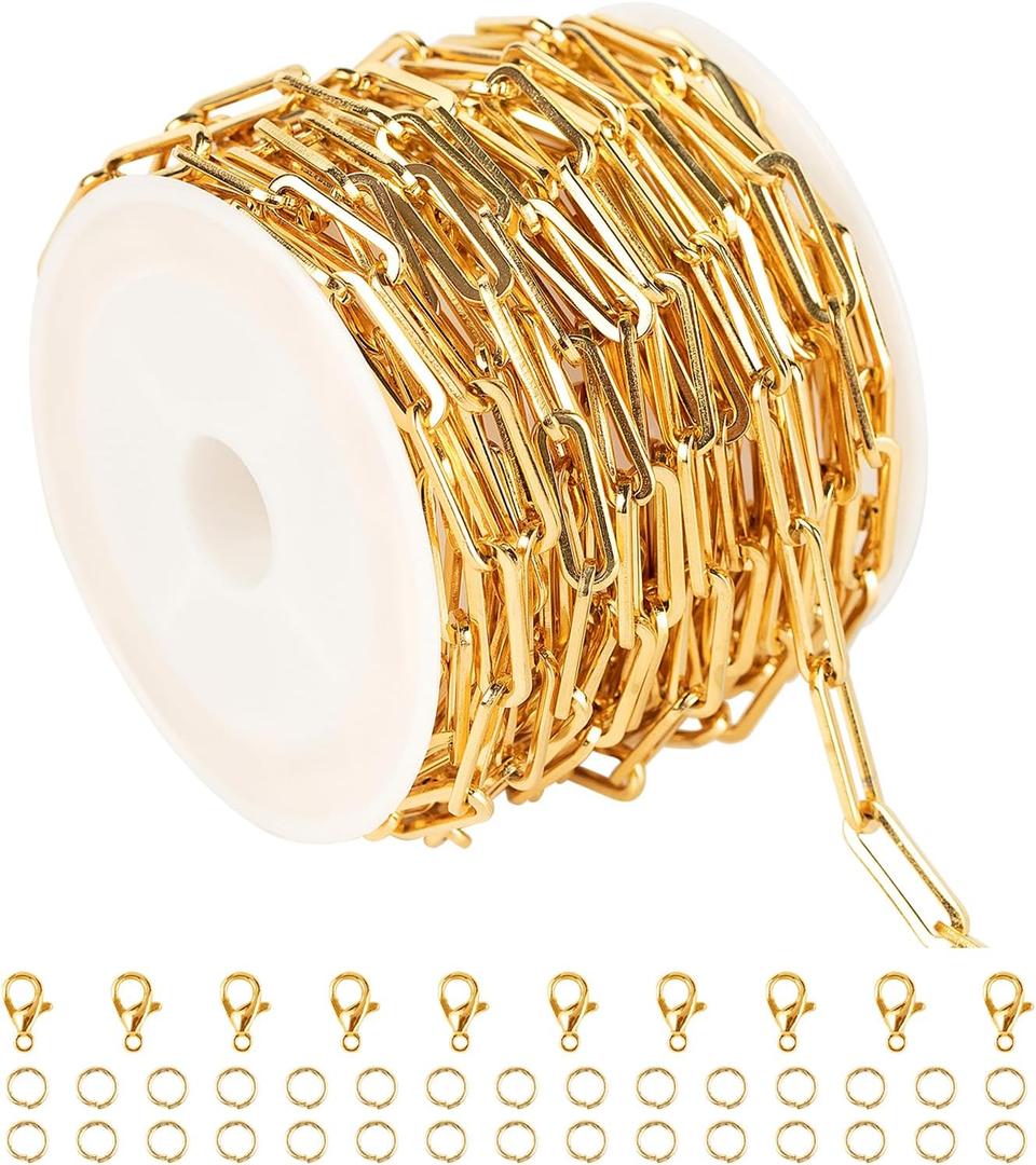 UMAOKANG 5 Meters Gold Plated Jewelry Making Chains Bulk, Stainless Steel Paperclip Necklace Chain Roll DIY Jewelry Making Supplies Bracelet Chains