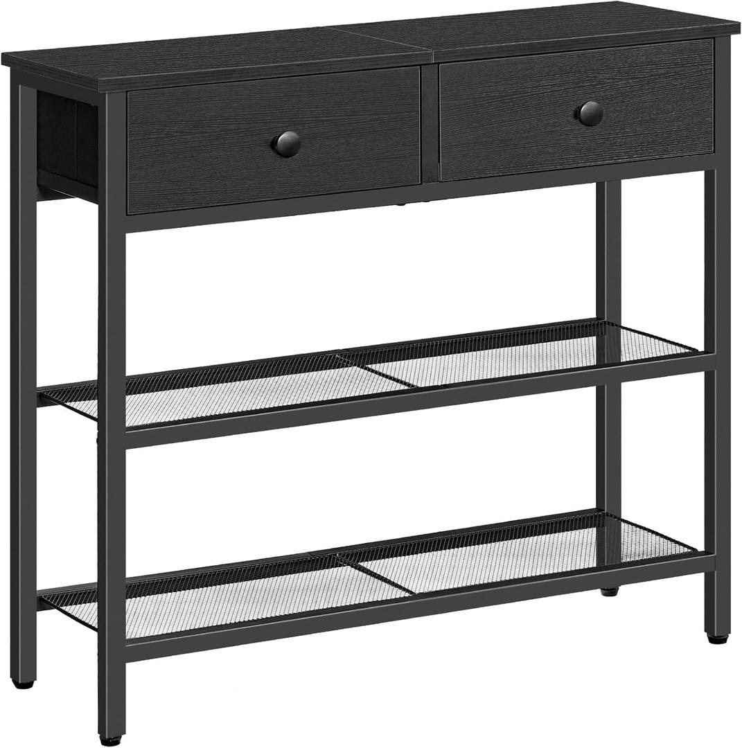 HOOBRO 29.5" Narrow Console Table with 2 Fabric Drawers, Small Entryway Table with 3-Tier Storage Shelves, Thin Sofa Table, Side Table, for Living Room, Hallway, Black BB72XG01