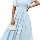 GRACE KARIN Women's Summer Short Sleeve Square Neck Smocked Waist Casual Vacation Tiered Flowy Maxi Dress, 2XL