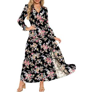 Dokotoo Women's Boho Maxi Dress Sexy V Neck Puff Long Sleeve Ruffle A-Line Split Swing Chiffon Dresses XL