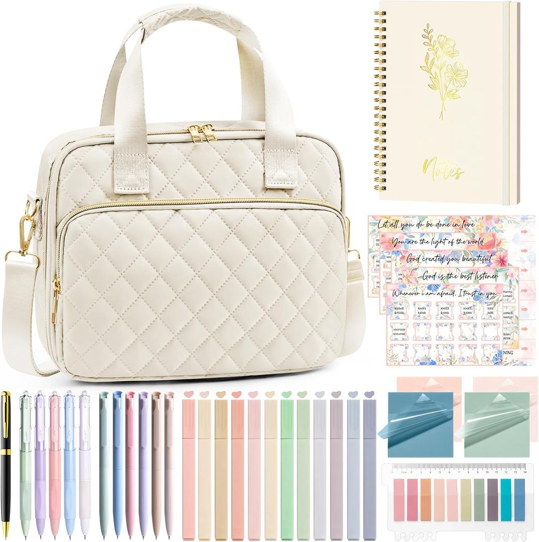 Bible Cover Case for Women, Large Bible Bag Bible Study Supplies Accessories Journaling Kit with Highlighters Tabs, Quilted Book Carrying Cases with Shoulder Strap, Christian Easter Gifts for Women