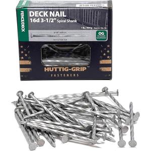 Huttig-Grip Fence Deck Nails 3-1/2 inches 16d for Wood Decking HGN16OGSTDK1 Spiral Shank Outdoor Galvanized Finish, 1 lb Pack of 52 Nails, Silver
