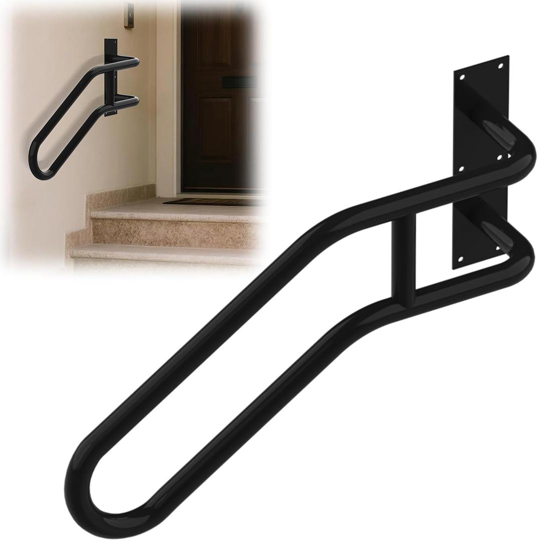 Right Side Wall Mounted handrail, Garge Door Stair Railing for 1-3 Steps(Polished Black, Right Side, 230LBs Loading)