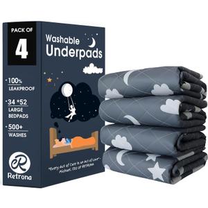 Retrona Washable Underpads 34" x 52" Pack of 4 Heavy Absorbency Reusable Bedwetting Incontinence Pads for Adults, Kids, & Pets - Waterproof Protective Pad for Bed, Couch, Sofa, Floor (4 Pack - 34x52)
