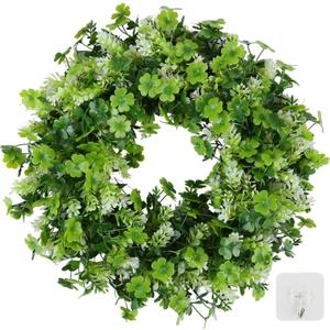 17.8" St Patricks Day Shamrock Wreath for Front Door, Saint Patricks Day Artificial Wreath Decoration, Irish Clover Spring Summer Greenery Wreath for Wall Window Indoor Outdoor Porch Home Gift Decor