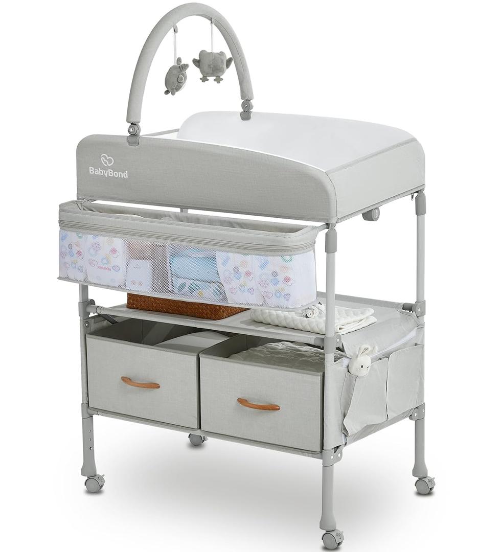BabyBond Portable Baby Changing Table with 2 Storage Baskets, Foldable Changing Table Dresser Diaper Changing Table Height Adjustable Changing Station for Infant and Newborn(Beige)
