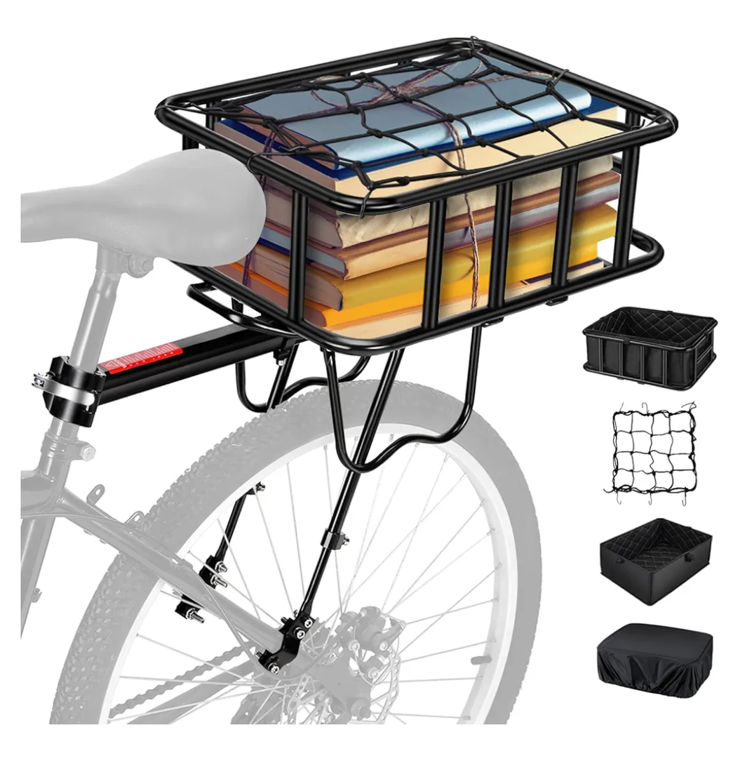 Rear Bike Rack with Basket, 110 LB Capacity Universal Bike Basket Rear, Aluminum Alloy Bike Cargo Rack for Back of Bike with Free Bungee Cord & Waterproof Cover & Installation Tool